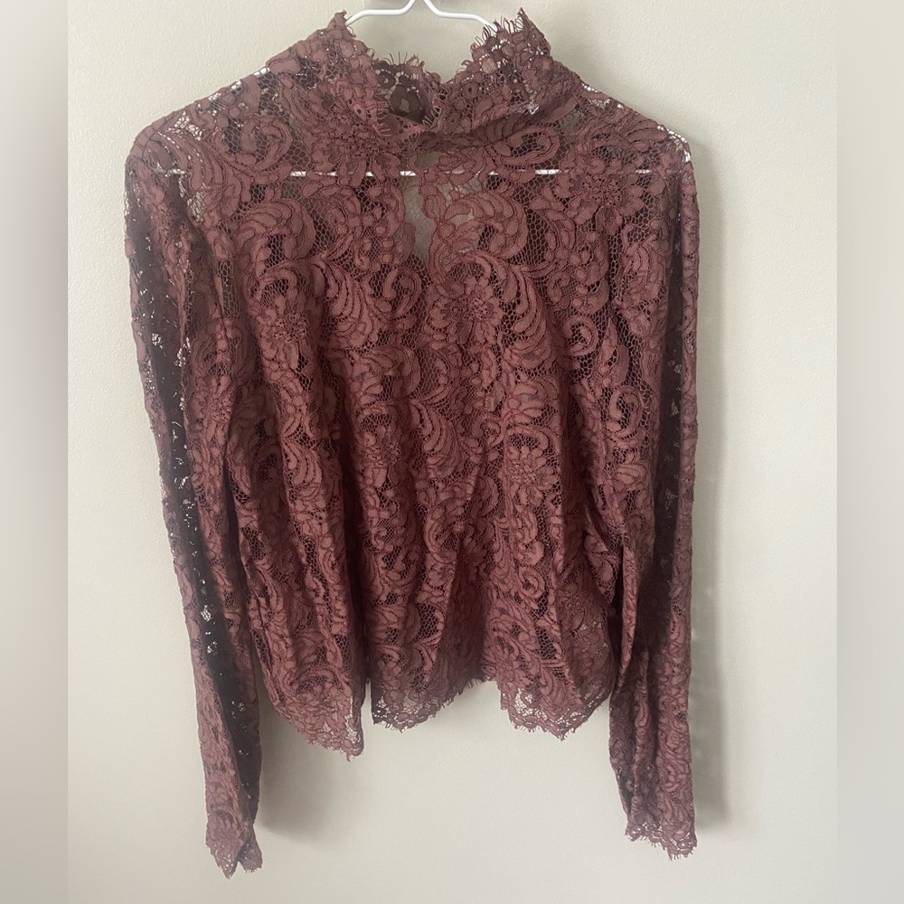 Aritzia Wilfred High Neck Turtle Neck Lace Blouse, Size Large, Red/Crimson, NWOT